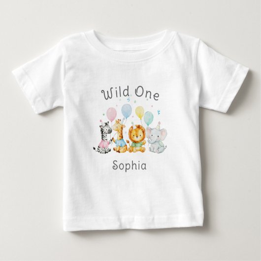 キュートな赤ちゃん動物たち Wild One 1歳の誕生日 ベビーTシャツ (正面)