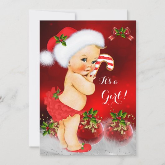 キュートな赤と白のクリスマスベビーシャワー女の子ブロンド 招待状 (正面)