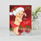 キュートな赤と白のクリスマスベビーシャワー女の子ブロンド 招待状 (スタンド正面)