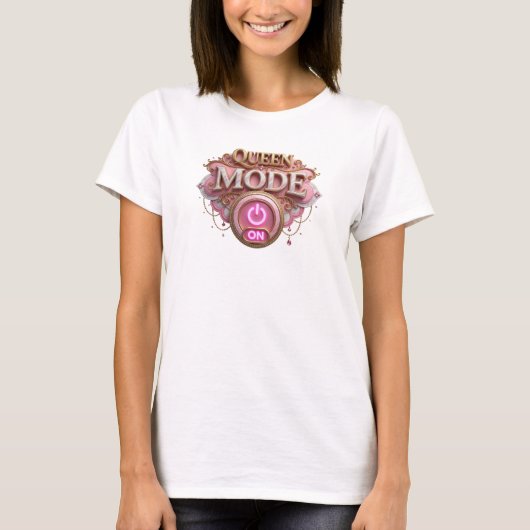 キュートな赤 QUEEN MODE ON のスローガンTシャツ Tシャツ (正面)