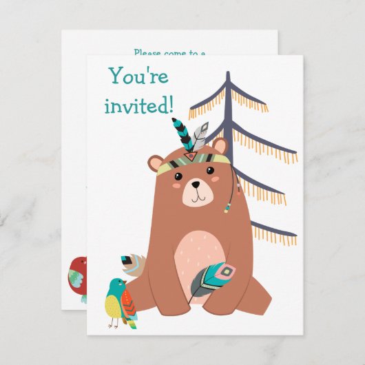 キュートな部族のベアーバースデーパーティーの招待状 招待状 (正面/裏面)