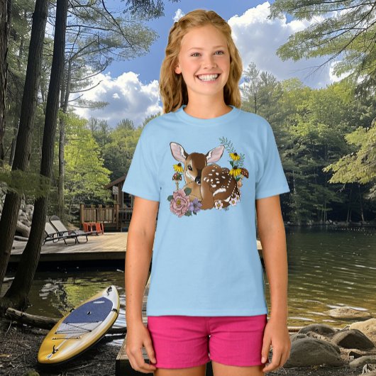 キュートな野の花 子鹿 ブルー 森の動物 Tシャツ