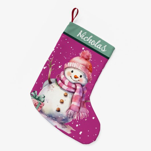 キュートな雪だるまとプレゼント スモールクリスマスストッキング (正面 (吊り時))