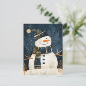 キュートな雪だるまのイラスト ふんわりウィンタークリスマス ポストカード (スタンド正面)