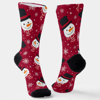 キュートな雪だるまの顔柄の赤いクリスマスソックス ソックス