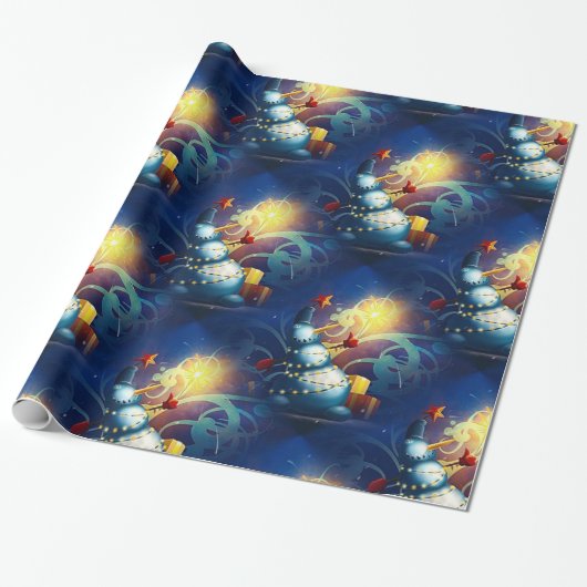 キュートな雪だるま（プレゼントと花火） ラッピングペーパー (アンロールド)