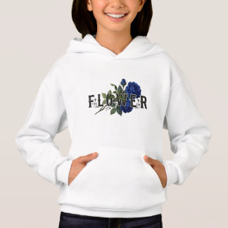 キュートな青い花柄の"FLOWER"パーカー(女の子用)、エシカルファッション
