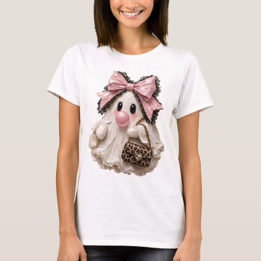 キュートな風船ガムゴーストのハロウィンピンクリボン Tシャツ (正面)