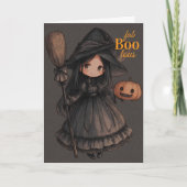 キュートな魔女の女の子と箒とカボチャの子供たちのハロウィン カード (正面)