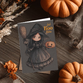 キュートな魔女の女の子と箒とカボチャの子供たちのハロウィン カード
