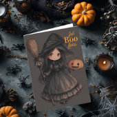 キュートな魔女の女の子と箒とカボチャの子供たちのハロウィン カード