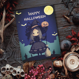 キュートな魔女の女の子と箒とカボチャの子供たちのハロウィン ポストカード