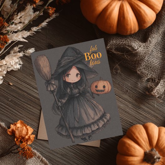 キュートな魔女の女の子と箒とカボチャの子供たちのハロウィン ポストカード