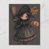 キュートな魔女の女の子と箒とカボチャの子供たちのハロウィン ポストカード (正面)
