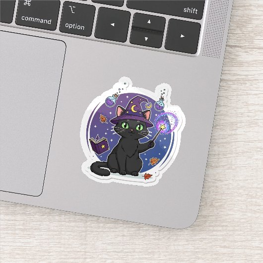 キュートな魔女風黒猫マジックワンドステッカー シール (詳細)