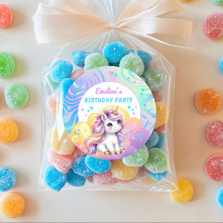 キュートな魔法のレインボーユニコーンの誕生日パーティー ラウンドシール