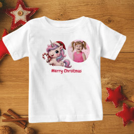 キュートな魔法の深紅のクリスマスユニコーンガール写真 ベビーTシャツ