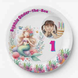 キュートな魔法の花の人魚の写真の1歳の誕生日 ペーパープレート