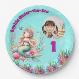キュートな魔法の花の人魚の写真の1歳の誕生日 ペーパープレート
