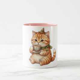 キュートな魔法使い猫の紅茶 ヴィンテージ水彩アート ツートーンマグカップ