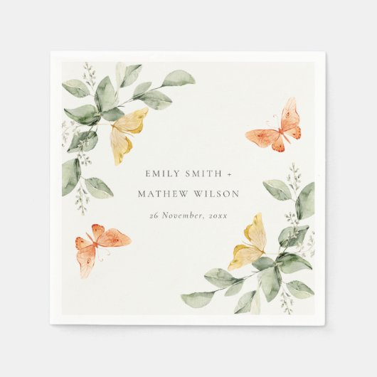 キュートな黄色の庭の葉の蝶結婚の スタンダードカクテルナプキン (正面)