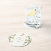 キュートな黄色の庭の葉の蝶結婚の ラウンドペーパーコースター (インサイチュ)