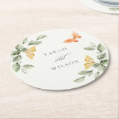 キュートな黄色の庭の葉の蝶結婚の ラウンドペーパーコースター (アングル)