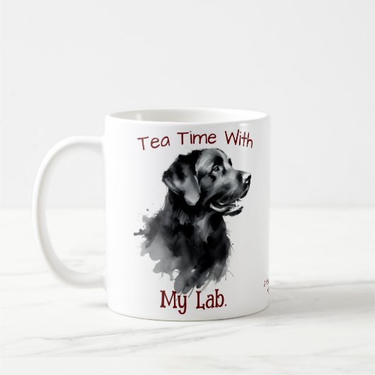 キュートな黒と白「Tea Time with My Lab」 コーヒーマグカップ (左)