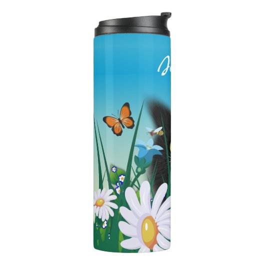 キュートな黒の子猫とデイジーアートパーソナライズされた タンブラー (回転左)