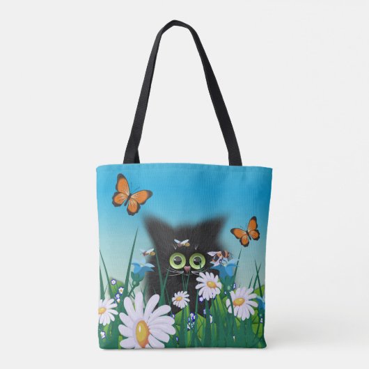 キュートな黒の子猫とデイジーアートパーソナライズされた トートバッグ (裏面)