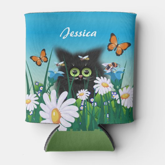 キュートな黒の子猫とデイジーアートパーソナライズされた 缶クーラー (正面)