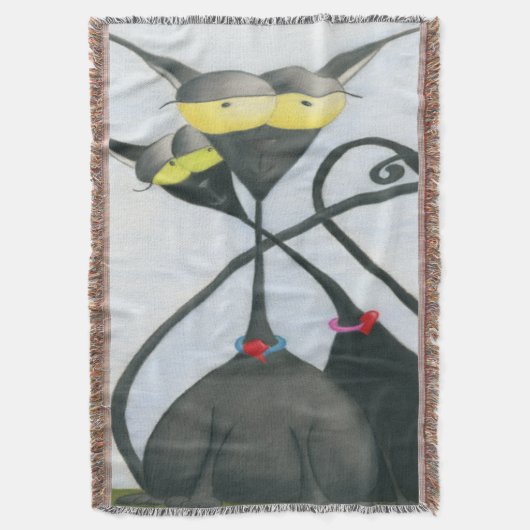 キュートな黒猫とグレーの猫漫画 スローブランケット (正面縦)