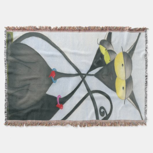 キュートな黒猫とグレーの猫漫画 スローブランケット (正面)