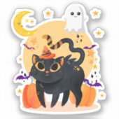 キュートな黒猫と幽霊ハロウィンカットビニル シール (正面)