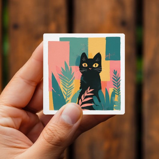 キュートな黒猫と植物カラフルスケッチ スクエアシール