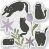 キュートな黒猫と紫の花イラストレーション シール (正面)
