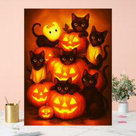 キュートな黒猫と輝くハロウィンのカボチャ アクリルサイン