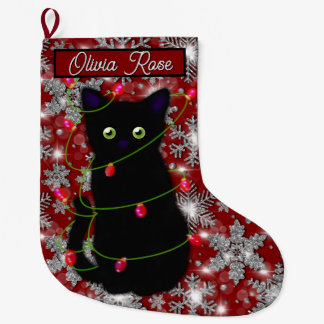 キュートな黒猫のメオウィークリスマス スパークリングスノーフレーク ラージクリスマスストッキング