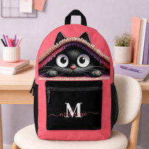 キュートな黒猫の仔猫 ホットピンクのカスタムネーム付きリュック