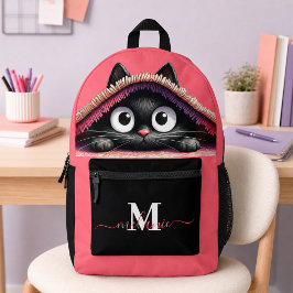 キュートな黒猫の仔猫 ホットピンクのカスタムネーム付きリュック プリントバックパック