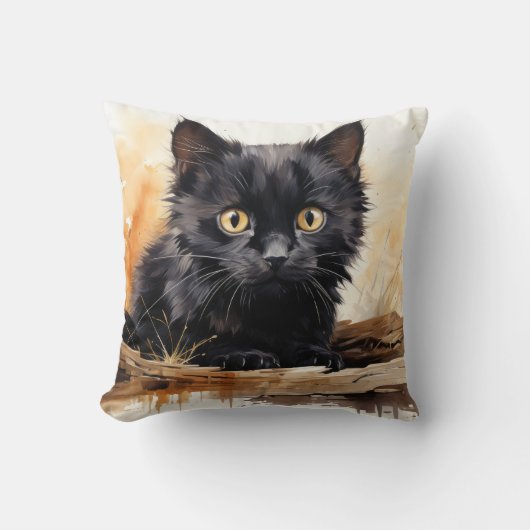 キュートな黒猫の水彩画 クッション (正面)