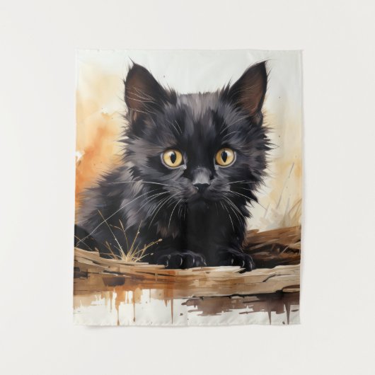 キュートな黒猫の水彩画 タペストリー (正面)