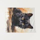 キュートな黒猫の水彩画 タペストリー (正面(横))
