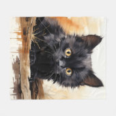 キュートな黒猫の水彩画 フリースブランケット (正面(横))