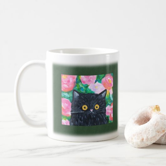 キュートな黒猫カラフル花猫芸術 コーヒーマグカップ (ドーナツ)