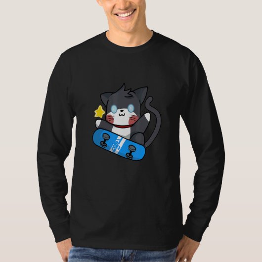 キュートな黒猫スケートボード Tシャツ (正面)