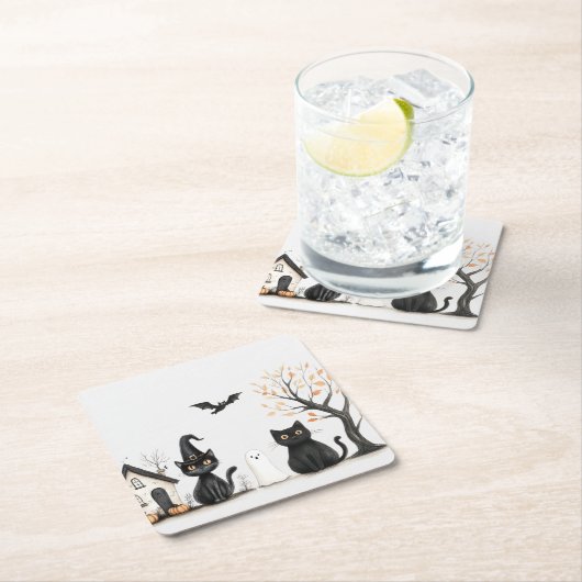 キュートな黒猫ハローウィンパーティ スクエアペーパーコースター (インサイチュ)