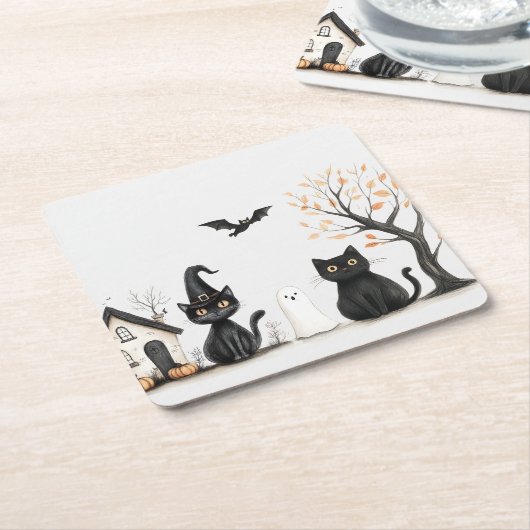 キュートな黒猫ハローウィンパーティ スクエアペーパーコースター (アングル)