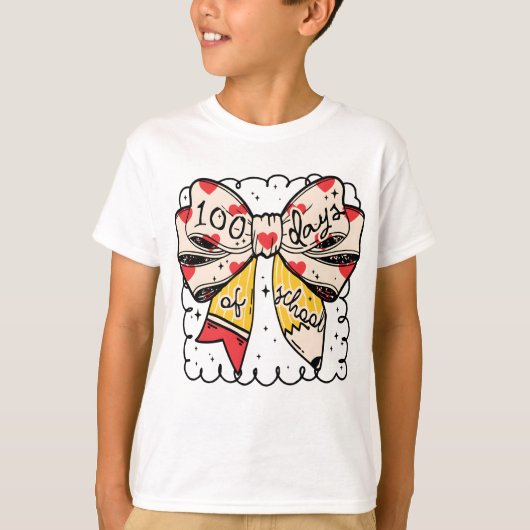 キュートな100日目の学校 リボン 鉛筆 教室 Tシャツ (正面)