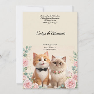キュートな3D 猫の花嫁と新郎のクリーム色の結婚式 招待状